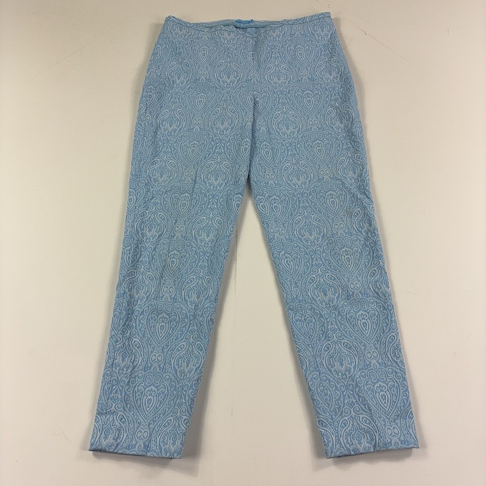 J McLaughlin Pants Womens 10 Blue Paisley Twill Ankle Straight Leg Stretch